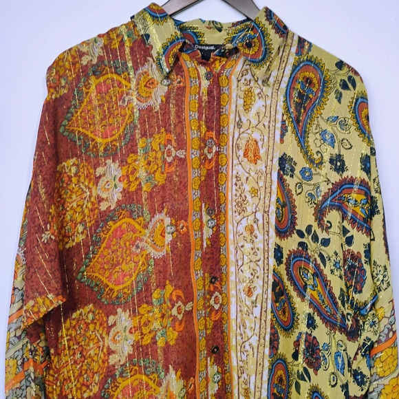 Desigual Boho Moroccan Paisley Sheer Blouse Tie Waist Tassels Button Down Large - Picture 4 of 16